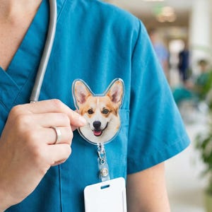 Puede incluir: Un carrete de insignia transparente con cara de corgi est&aacute; sujeto a una blusa de color verde azulado. La insignia presenta un corgi sonriente con pelaje marr&oacute;n, blanco y canela. Un estetoscopio cuelga del cuello. Una tarjeta de identificaci&oacute;n blanca est&aacute; unida al carrete.