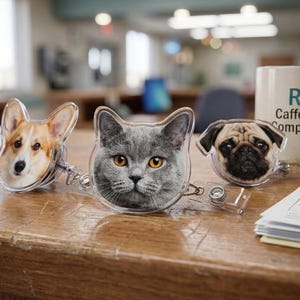 Puede incluir: Tres carretes de insignia acr&iacute;licos transparentes con caras de diferentes mascotas: un Corgi, un gato gris y un pug. El Corgi tiene pelaje marr&oacute;n y blanco, el gato tiene ojos amarillos y el pug tiene un hocico negro. Una taza con texto est&aacute; en el fondo.