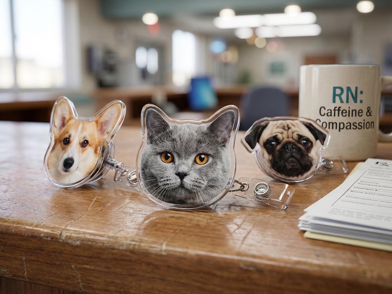 Puede incluir: Tres carretes de insignia acr&iacute;licos transparentes con caras de diferentes mascotas: un Corgi, un gato gris y un pug. El Corgi tiene pelaje marr&oacute;n y blanco, el gato tiene ojos amarillos y el pug tiene un hocico negro. Una taza con texto est&aacute; en el fondo.