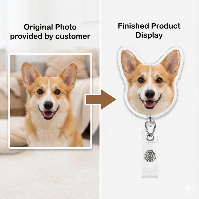 Puede incluir: Un portatarjetas retr&aacute;ctil transparente con la cara de un perro corgi sonriente. El perro tiene un pelaje marr&oacute;n y blanco. El portatarjetas tiene una correa de pl&aacute;stico transparente y un clip met&aacute;lico.