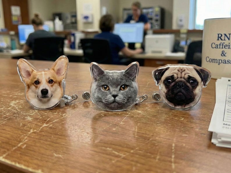 Puede incluir: Tres carretes de insignia de pl&aacute;stico transparente con caras de animales: un Corgi, un gato gris y un Carlino. Cada carrete de insignia tiene un cord&oacute;n retr&aacute;ctil y un clip de metal. El fondo muestra un escritorio y personas.