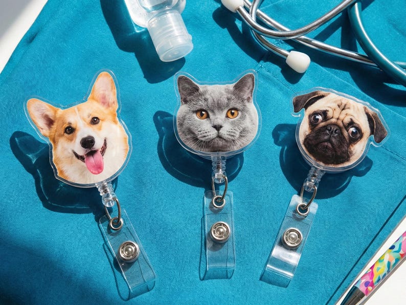 Puede incluir: Tres portatarjetas retr&aacute;ctiles con tem&aacute;tica de mascotas. Los dise&ntilde;os presentan un perro Corgi, un gato gris y un perro pug. Cada portatarjetas tiene una correa de pl&aacute;stico transparente y un broche met&aacute;lico. El fondo es una superficie azul.