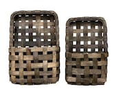 2 Set, Aged Tobacco Wall Pocket Baskets, hanging wall pocket baskets, tobacco basket with pocket, wall baskets decor, woven pocket basket