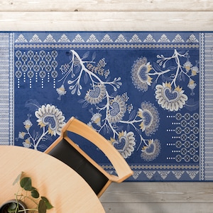 Ethnic Celtic Blue Flowers Vinyl Mat, Purple PVC Mat, Beige Vinyl Floor Mat, Ornament Vinyl Rug, Linoleum Rug, Area Rug, Tapis Mat