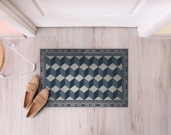 Navy Blue Grey Bauhaus Geometric Rug Vinyl Mat, Purple PVC Mat, Brown Vinyl Floor Mat, Decorative Mat, Comfort Mat, Vinyl Area Rug