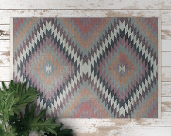 Colorful Turkish Geometric Design Vinyl Mat, Purple PVC Mat, Orange Vinyl Floor Mat, Geometric Vinyl Rug, Easy To Clean, Vinyl Area Rug