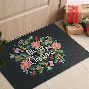 Happy Holidays Welcome Mat, Personalized Doormat, Christmas Doormat, Christmas Pattern, Green Entrance Mat