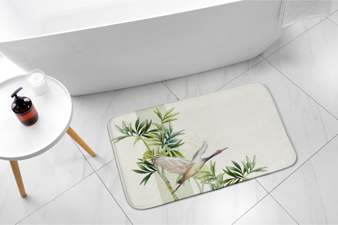 Bathroom Rug, Nonslip Rug, Bird Crane, Green, Animal Pattern, Handmade ...