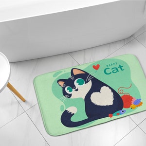 Bathroom Rug, Toilet Rug, Kitty Animals, Green, Kids Pattern, Small Carpet, Modern Bathroom, Elegant Design