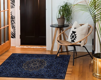 Alfombra decorativa de vinilo boho con hierbas índigo, alfombra de piso azul, alfombra de vinilo negra, alfombra de PVC con adornos, fácil de limpiar, decoración del hogar, alfombra de vinilo oriental