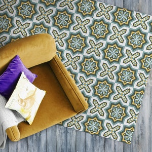 Blue And Yellomosaic Vinyl Mat, Yellow flooring, White PVC Mat, Ornament Vinyl Floor Mat, Decorative Mat, Comfort Mat, Tile Linoleum