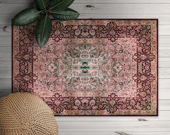 Persian Carpet Pattern Vinyl Mat, Red Vinyl Rug, Pink PVC Mat, Ornament Vinyl Floor Mat, Linoleum Rug, Home Decor, Kitchen Mat