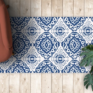 Sky Ethnic Classic Azulejos Vinyl Mat, Blue Vinyl Floor Mat, White flooring, Tiles PVC Mat, Easy To Clean, Vinyl Floor, Tile Vinyl Mat