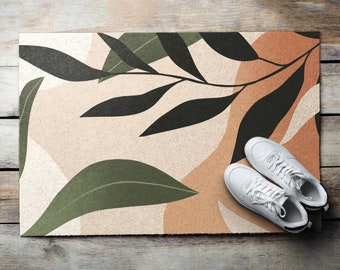 Leaves and Sunrise Front Door Mat, Personalized Doormat, Entrance Mat Orange, Fall Doormat, Natural Pattern