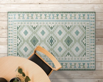 Olive Turkish Rug Decorative Print Vinyl Mat, Green PVC Mat, Blue Floor Mat, Ornament Vinyl Rug, Linoleum Rug, Home Decor, Vinyl Area Rug