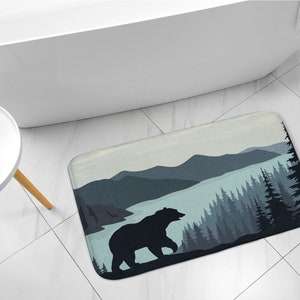Bathroom Rug, Toilet Rug, Bear Forest, Green, Animal Pattern, Small Carpet, Modern Bathroom, Elegant Design