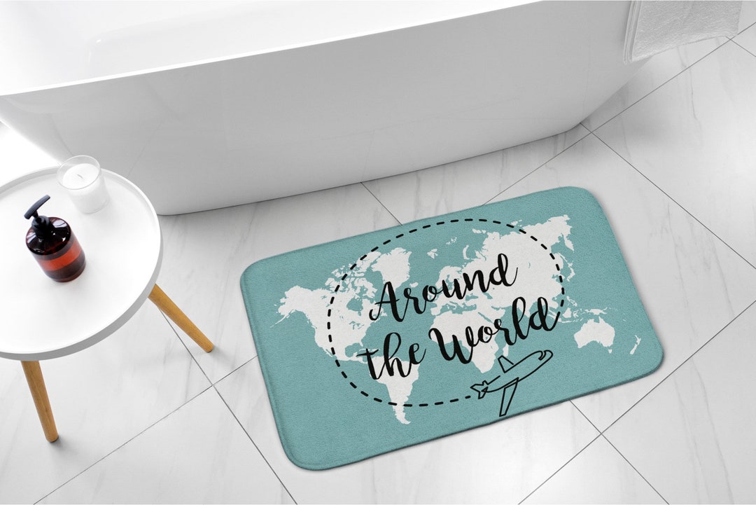 World Map, Bathroom Rug, Kid's Pattern With Text, Turquoise, Small ...