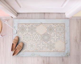 Alfombra de vinilo con diseño de mármol y mosaico, alfombra de PVC beige, alfombra de vinilo gris, alfombra de vinilo de piedra, regalo de cumpleaños, piso de vinilo, alfombra de cocina