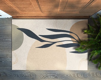 Leaf and Circles Front Door Mat, Personalized Doormat, Abstraction Pattern, Fall Doormat, Entrance Mat Beige