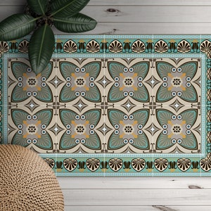 Peacock Eyes Teal Mosaic Print Vinyl Mat, Brown flooring, Blue PVC Mat, Tiles Vinyl Floor Mat, Easy To Clean, Area Rug, Kitchen Mat