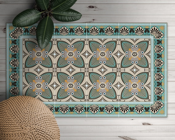 Peacock Eyes Teal Mosaic Print Vinyl Mat Brown flooring Blue PVC Mat Tiles Vinyl Floor Mat Easy To Clean Area Rug Kitchen Mat