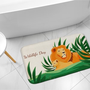 Green Kids Pattern, Lions Cats, Bathroom Rug, Bathroom Mat, Compact Rug, Non-Skid Carpet, Bath Runner