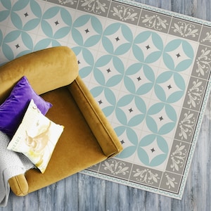 Mint Latte Portugisische Fliesen Vinylmatte, Blaue PVC Matte, Beige Vinyl Bodenmatte, Ornamentboden, Linoleumteppich, Komfortmatte, Vinylteppich