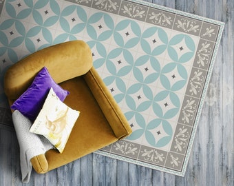Mint Latte Portuguese Tiles Vinyl Mat, Blue PVC Mat, Beige Vinyl Floor Mat, Ornament flooring, Linoleum Rug, Comfort Mat, Vinyl Area Rug