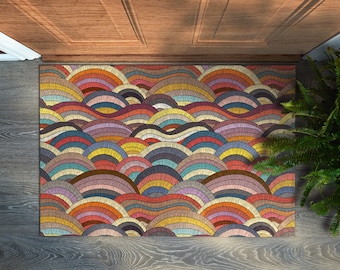 Colorful Waves Front Door Mat, Personalized Doormat, Abstraction Pattern, Entrance Mat Red, Cool Doormat