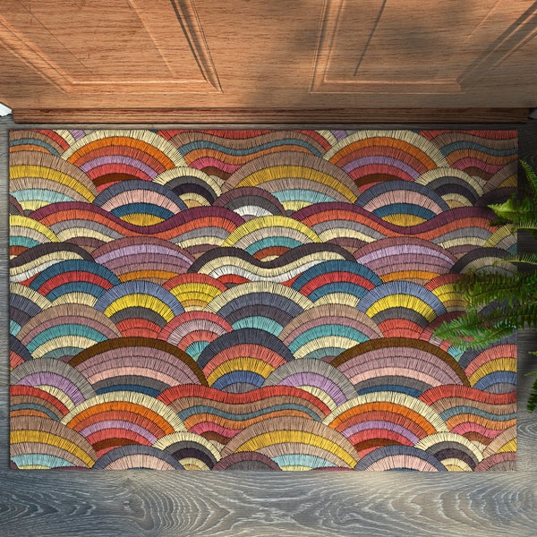 Colorful Waves Front Door Mat, Personalized Doormat, Abstraction Pattern, Entrance Mat Red, Cool Doormat