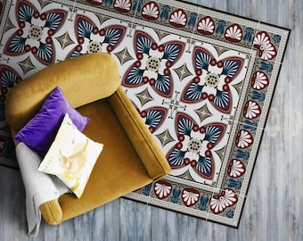 Peacock Eyes Cyan Magenta Mosaic Print Vinyl Mat, Red PVC Mat, Blue Vinyl Floor Mat, Tiles flooring, Linoleum Rug, Area Rug, Kitchen Mat