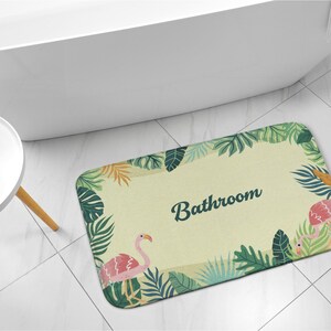 Bathroom Rug, Soft Rug, Tropical Animals, Yellow, Botanical Pattern with text, Nonslip Mat, Handmade Rug, Floor Decor