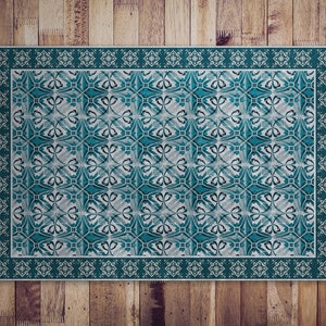 Spanish Azure Pattern Vinyl Mat, Blue PVC Mat, Beige Vinyl Floor Mat, Ornament flooring, Birtday Gift, Home Decor, Tile Vinyl Mat