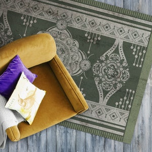 Florale Stilisierte Motive Vinyl Matte, Grüne Vinyl Bodenmatte, Beige Vinyl Teppich, Botanische PVC Matte, Dekorative Matte, Wohnkultur, Tapis Matte