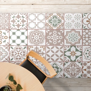 Beige Pastel Azulejo Mosaic Vinyl Mat, White Vinyl Floor Mat, Beige flooring, Tiles PVC Mat, Linoleum Rug, Vinyl Flooring, Kitchen Mat