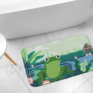 Bathroom Rug, Toilet Rug, Frog, Green, Kids Pattern, Small Carpet, Modern Bathroom, Elegant Design