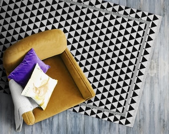 Nordic Triangles Geometric Vinyl Mat, Black PVC Mat, White Vinyl Floor Mat, Geometric Vinyl Rug, Easy To Clean, Comfort Mat, Boho Rug