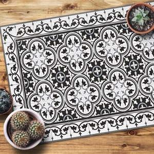 Decorative Azulejos Tiles Vinyl Mat, White PVC Mat, Black Vinyl Floor Mat, Ornament flooring, Linoleum Rug, Area Rug, Tile Vinyl Mat