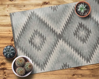 Bright Turkish Geometric Design Vinyl Mat, Gray Vinyl Rug, Beige PVC Mat, Geometric Vinyl Floor Mat, Easy To Clean, Comfort Mat, Kitchen Mat