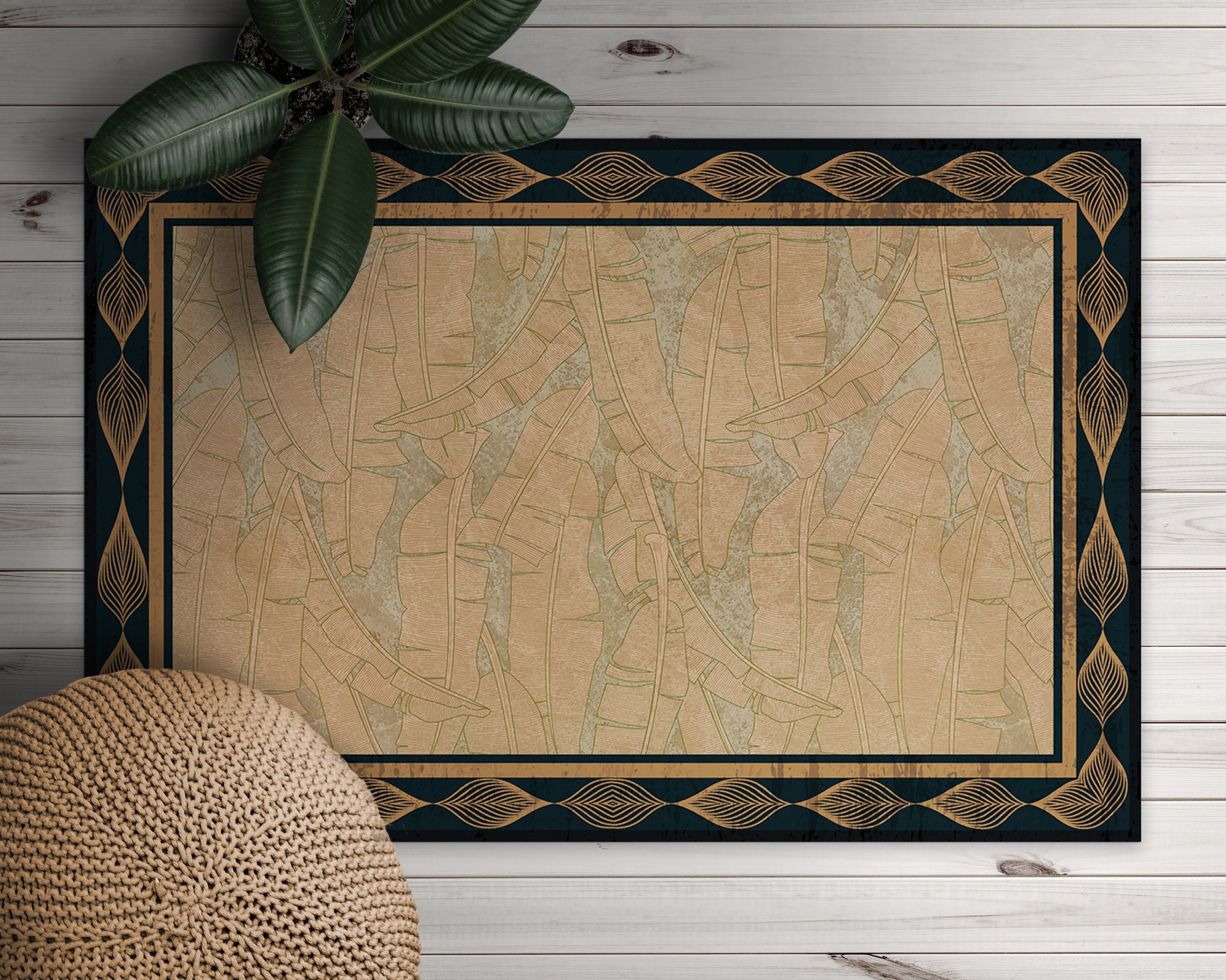 Easy To Clean Brown Vinyl Rug Tapis Mat Botanic PVC Mat Home Decor Gold Vinyl Floor Mat Leaves Egyptian Design With Frame Vinyl Mat