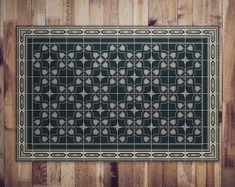 Greenish Ornamental Turkish Tiles Vinyl Mat, Gray PVC Mat, Brown Vinyl Floor Mat, Oriental flooring, Easy To Clean, Home Decor, Kitchen Mat
