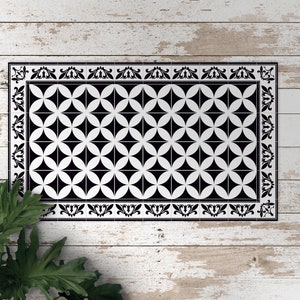 Classic Portuguese Tiles Vinyl Mat, Black Vinyl Floor Mat, White flooring, Ornament PVC Mat, Easy To Clean, Area Rug, Vinyl Area Rug