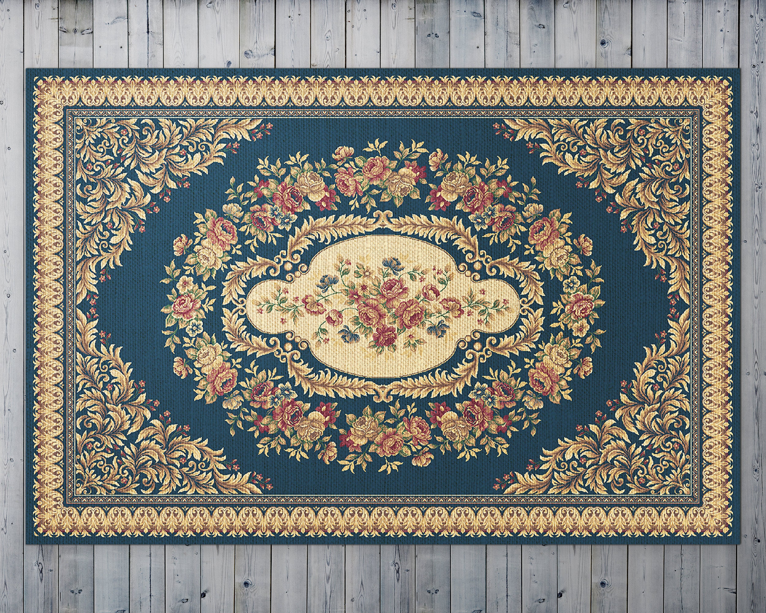 Vinyl Rug Mat Rug With A Pattern A Bouquet Vinyl Mat, Gold Vinyl Floor Mat, Blue ...