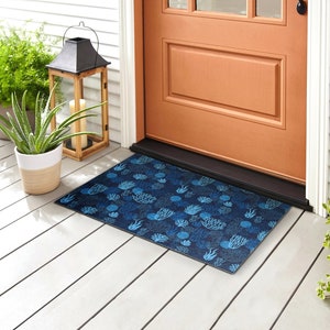 Coral Blue Outdoor Mat, Blue Welcome Mat, Natural Front Door Mat, Non-Slip Doormat, Personalized Doormat, Cute Doormat