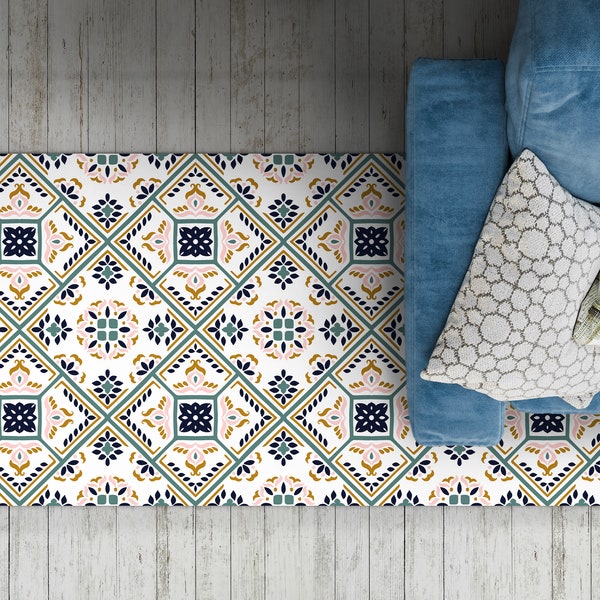 Talavera Pattern Azulejos Ornament Porcelain Tiles Vinyl Mat, Beige Vinyl Floor Mat, Blue flooring, PVC Mat, Decorative Mat, Comfort Mat