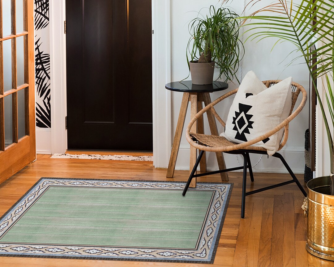 Classic Dirty Bergie Rug Vinyl Mat, Red Vinyl Rug, Green PVC Mat, Antique Vinyl Floor Mat