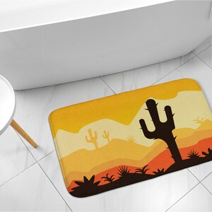 Motif floral jaune, cactus du désert, tapis de salle de bain, tapis contemporain, espace restreint, moquette douce, passage de baignoire