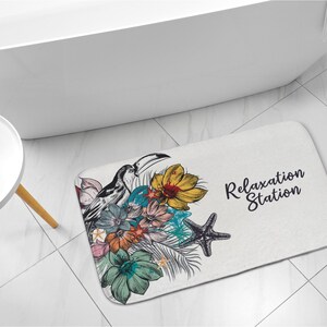 Animal Pattern with text, White, Tropical Birds Flowers, Compact Rug, Bathroom Mat, Bath Runner, Non-Skid Carpet