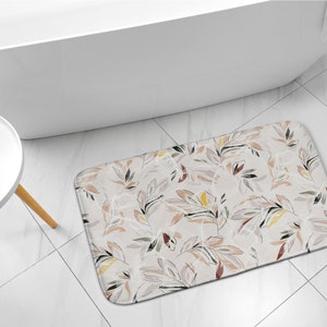 Plant Pattern, Beige, Soft Leaves, Compact Rug, Bathroom Mat, Bath Runner, Non-Skid Carpet