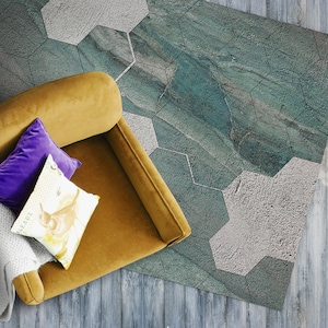 Hexagon Khaki Tiles Pattern Vinyl Mat, Green PVC Mat, Beige Vinyl Floor Mat, Geometric Vinyl Rug, Linoleum Rug, Home Decor, Stone Rug